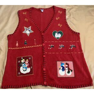 Holiday Editions Red Knit Christmas Vest 2X Snowman Tree Button Front